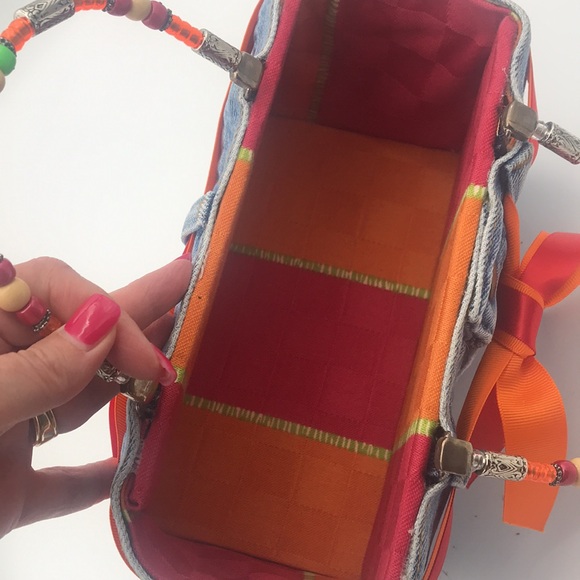 Original Denim Jean BOOTIE BAG Handbag w/Beaded Handles & Ribbons #075397 - Picture 5 of 10